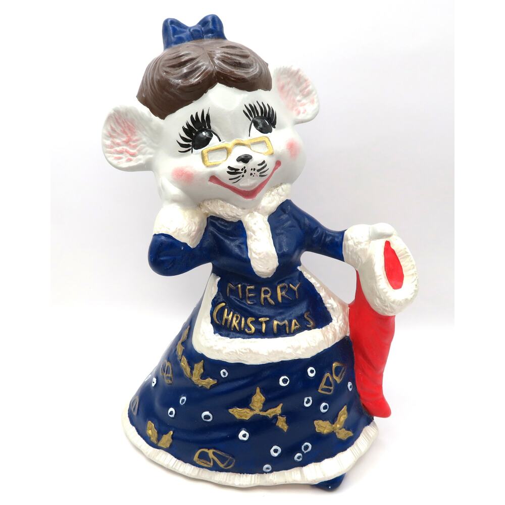 Vintage Hand Painted Ceramic Christmas Mouse Figurine Mrs. Claus Merry Xmas 8.5″